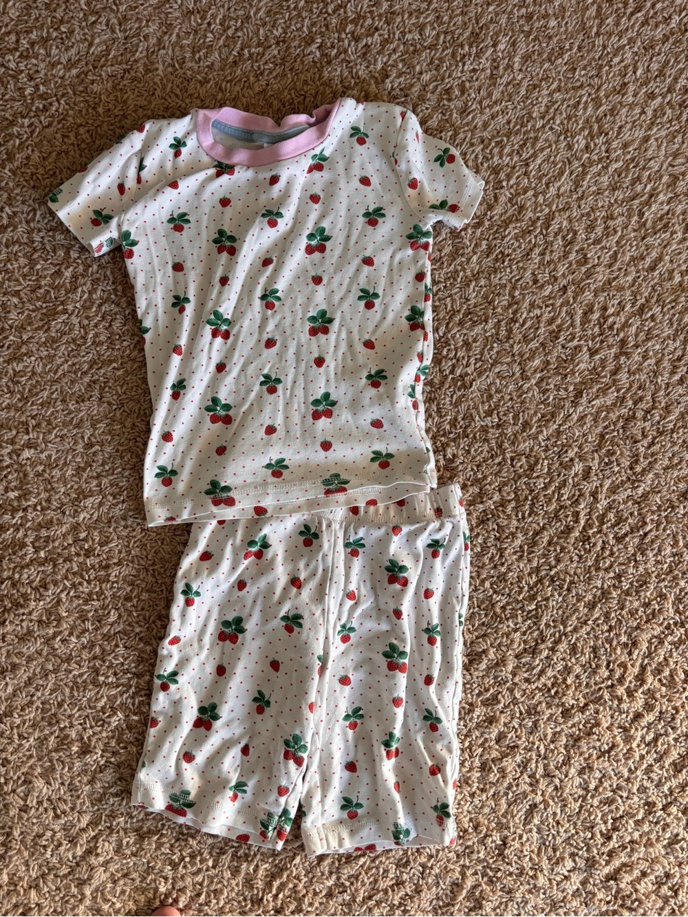 Mini Boden White Strawberry Print Pajama Set with Pink Trim